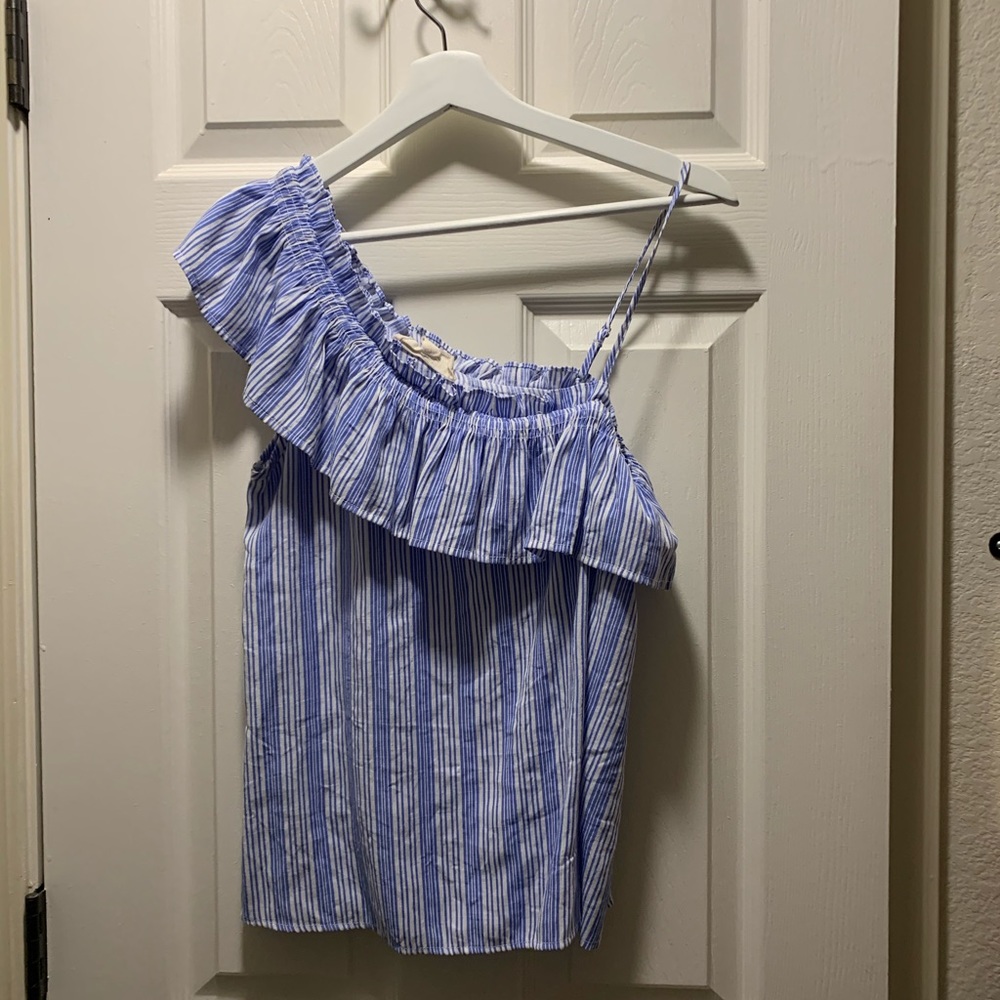 Super cute one shoulder blue striped shirt!
